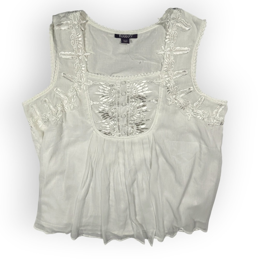 Roamans White Sleeveless Embroidered Blouse babydoll Boho Top 22W